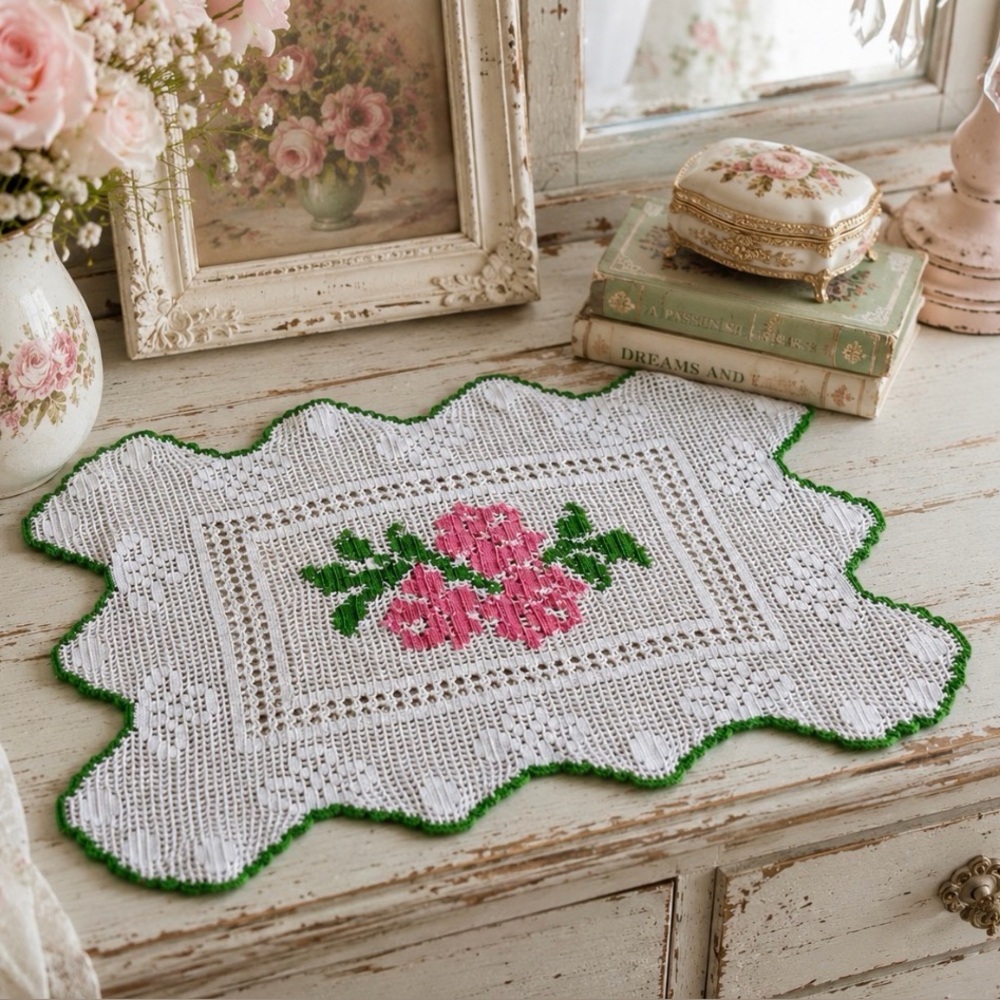Vintage Handmade Filet Crochet Floral Doily Centerpiece Pink Roses Green Trim